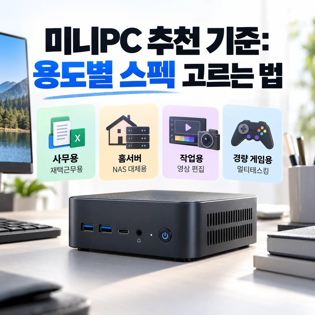 미니PC 대표이미지: CPU, RAM, SSD 아이콘이 연결된 플랫 일러스트