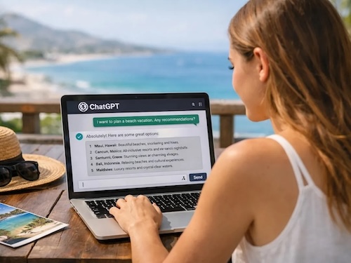 Young woman using ChatGPT Open AI for vacation planning