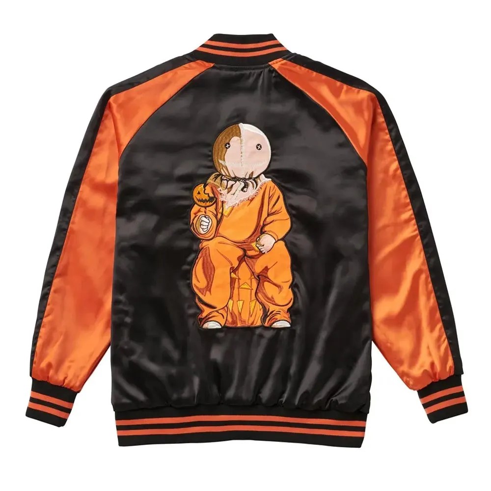Trick r Treat Pumpkin Black and Orange Satin Varsity Jacket