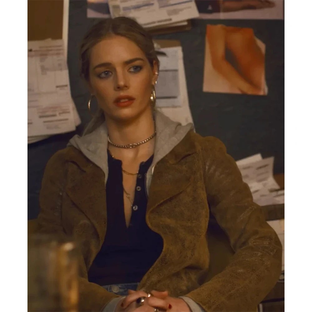 Samara Weaving Movie Eenie Meanie Brown Suede Leather Coat