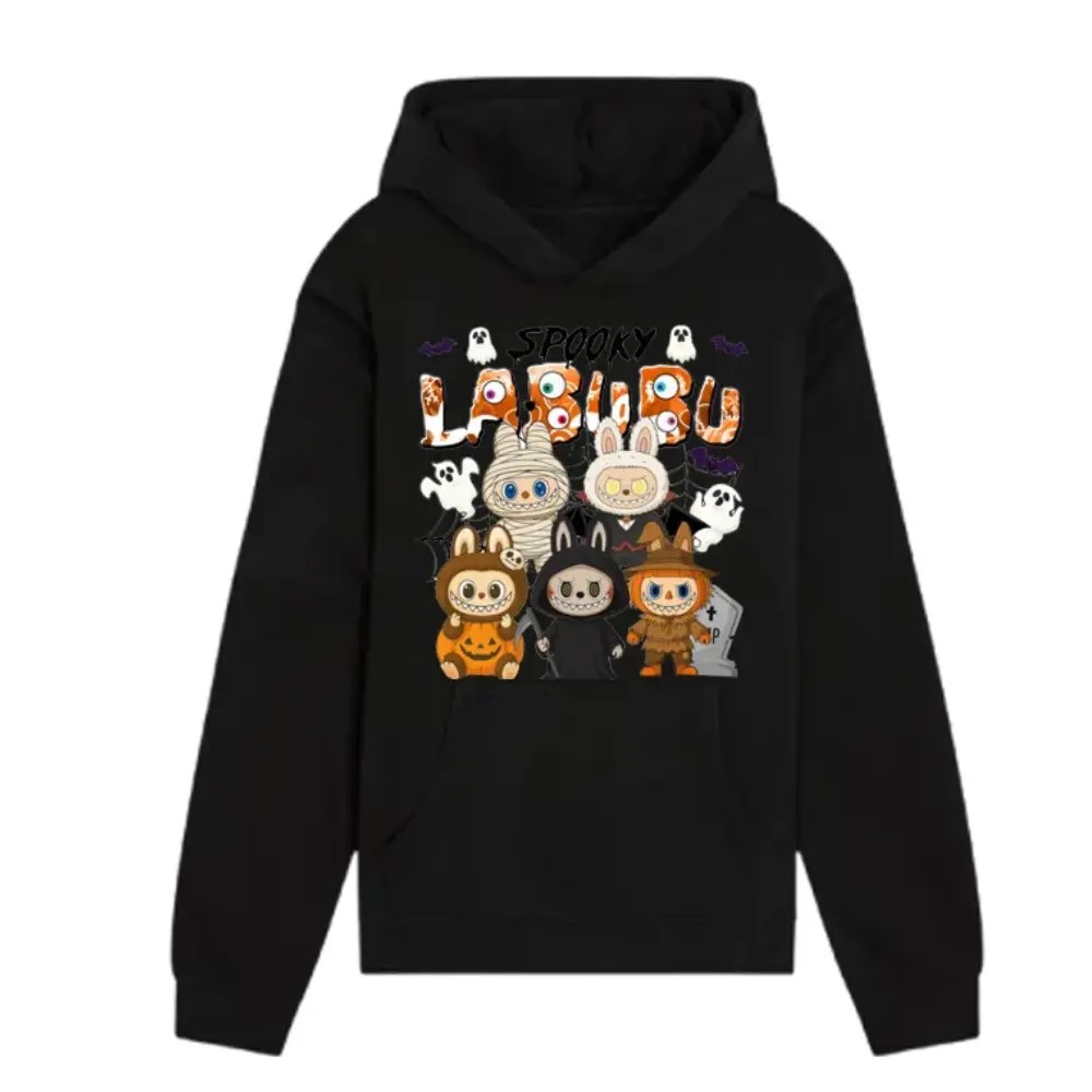 Unisex Hallowen Labubu Black Pullover Hoodie