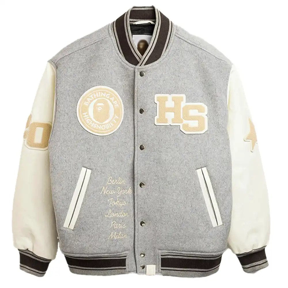 BAPE X HIGHSNOBIETY Varsity Grey & White Jacket