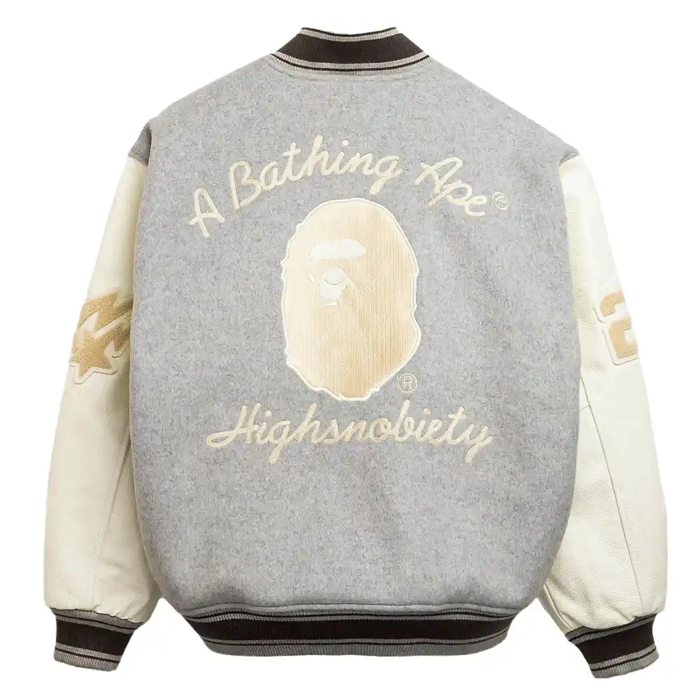 BAPE X HIGHSNOBIETY Varsity Grey & White Jacket Back