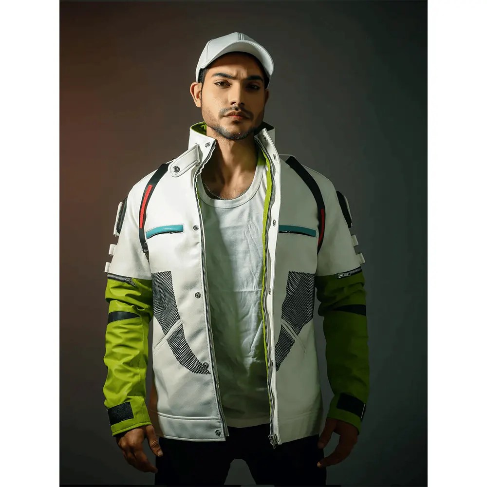 Mens White and Green Apex Leather Jacket