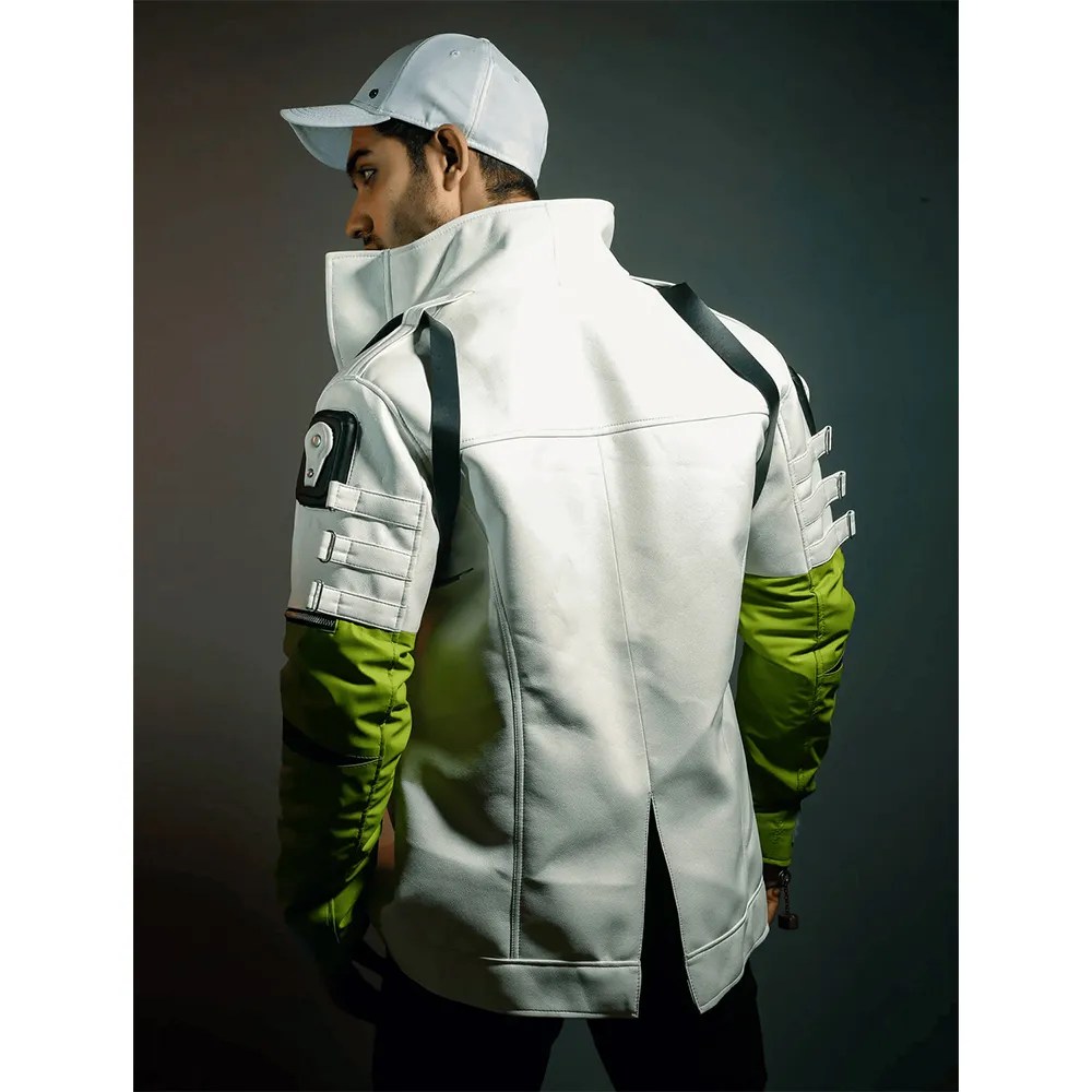 Mens White and Green Apex Leather Jacket Back