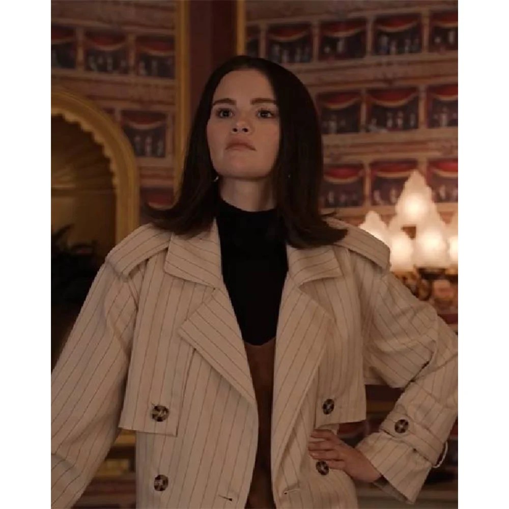Only Murders in the Building Selena Gomez Pinstriped Trench Beige Coat