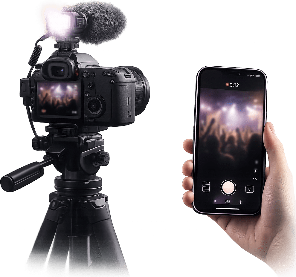 Event coverage setup showing professional camera and smartphone recording a live event.