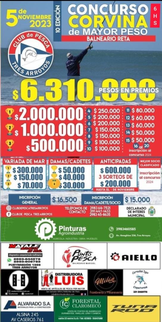 Ya están a la venta las entradas para el concurso de pesca del Club de Pesca de Tres Arroyos