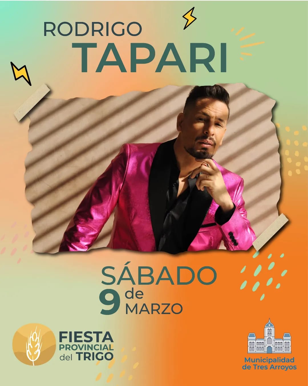Cuenta regresiva: Rodrigo Tapari el Sábado 9 de Marzo en el escenario mayor de la Fiesta Provincial del Trigo