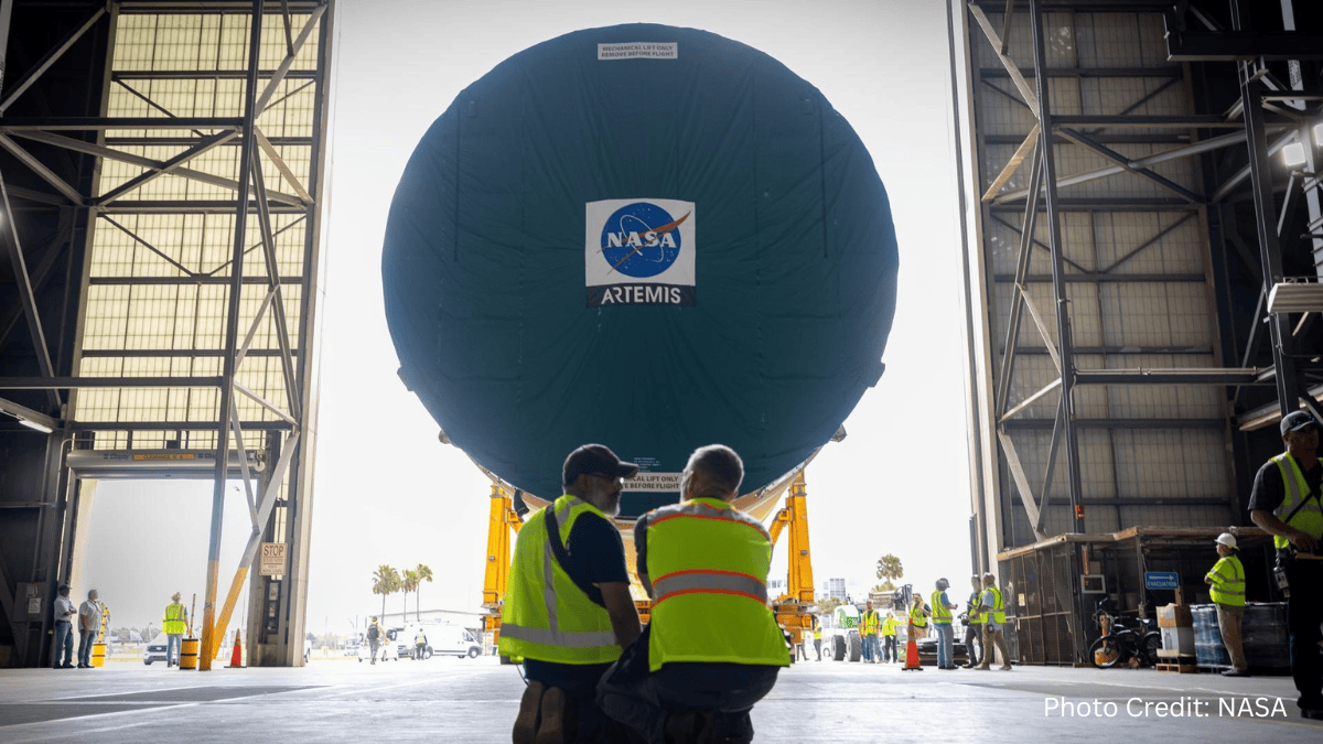 Artemis III SLS core stage arrives inside NASA’s Vehicle Assembly Building at Kennedy Space Center in Florida.