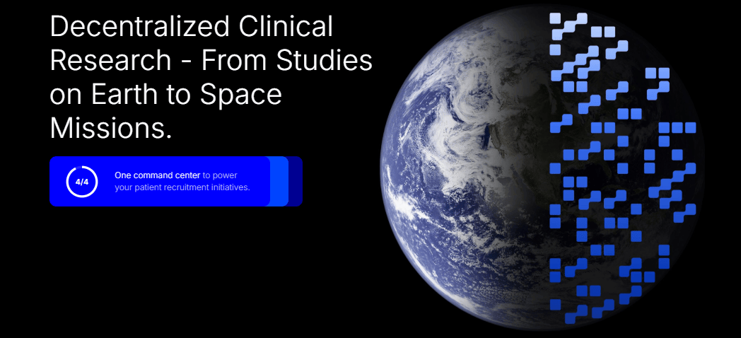 Earth with digital data points representing decentralized clinical research across Earth and space missions.