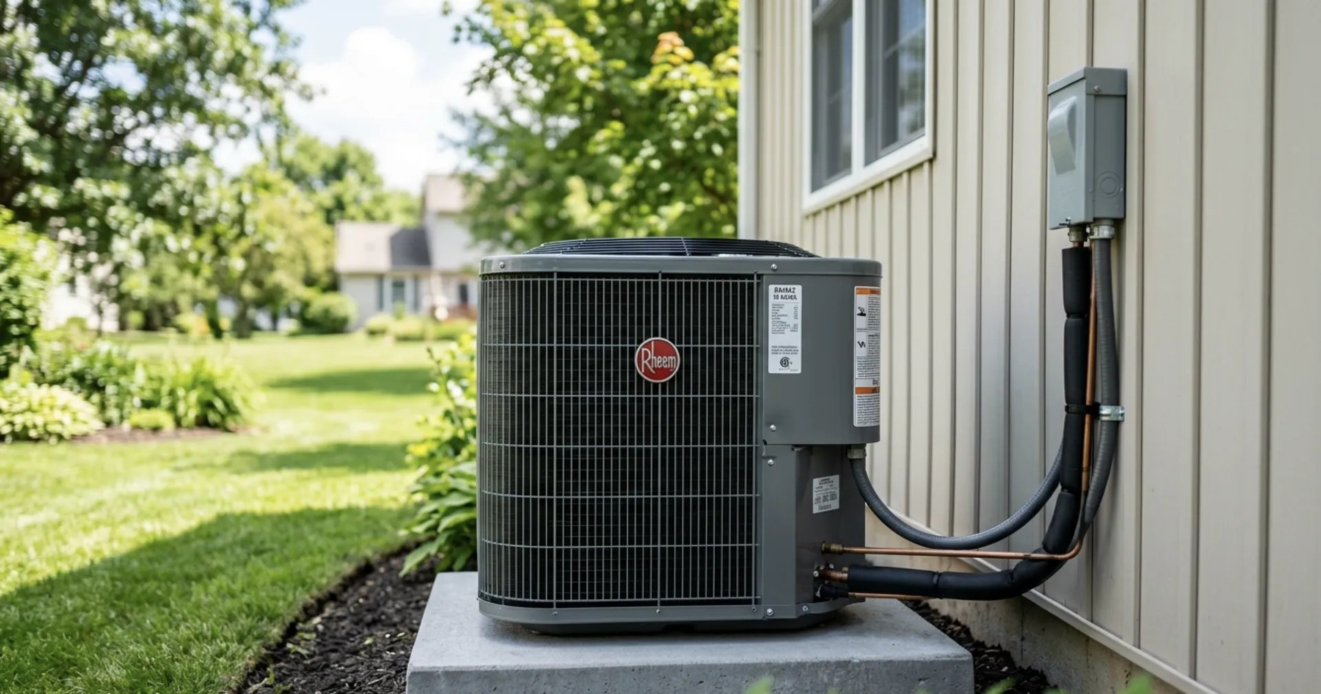 Outdoor air conditioning condenser unit beside a house