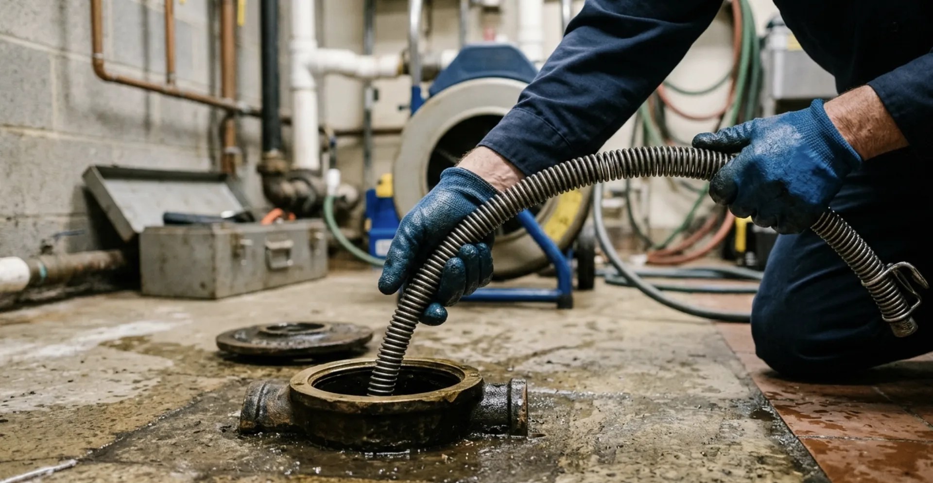 Plumber performing drain cleaning and pipe repair