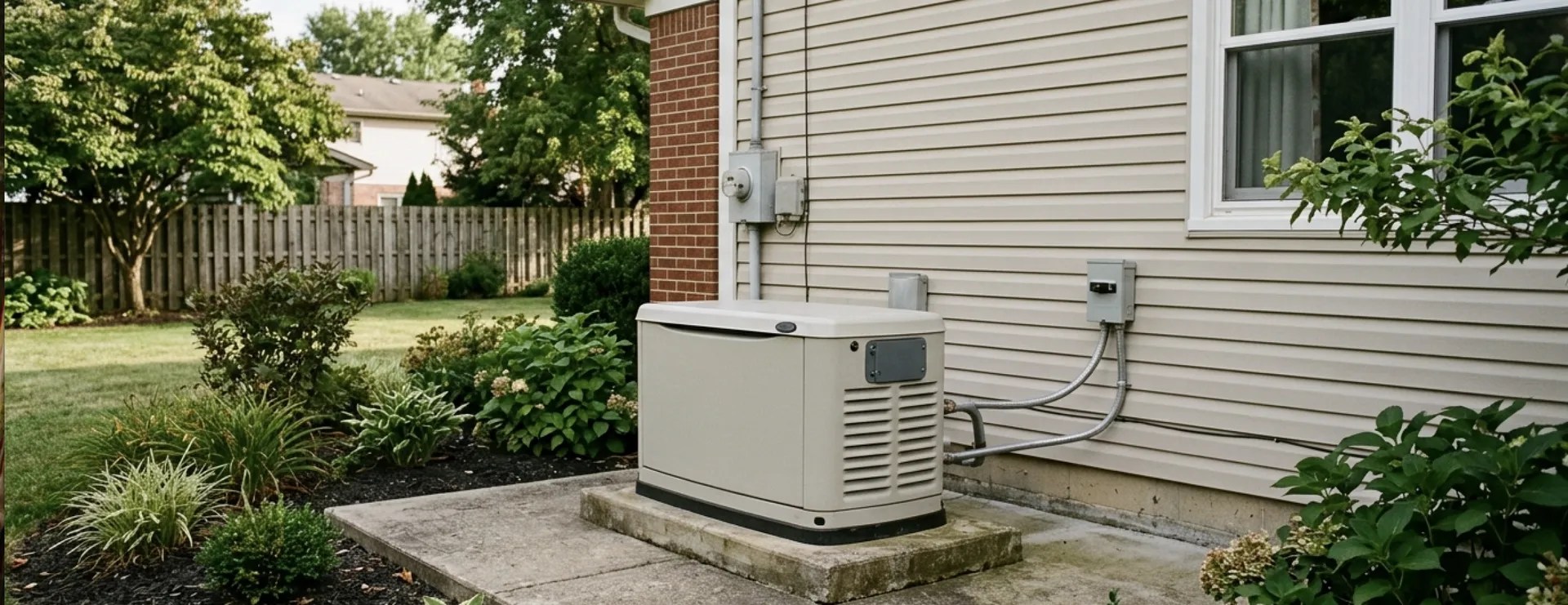 Standby home generator installed beside a house