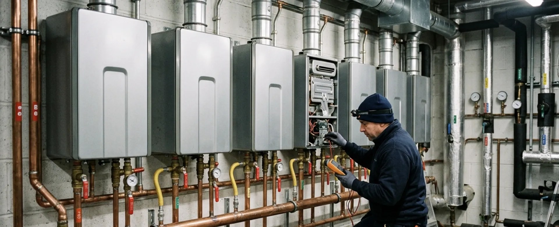 Tankless water heater mounted on a wall