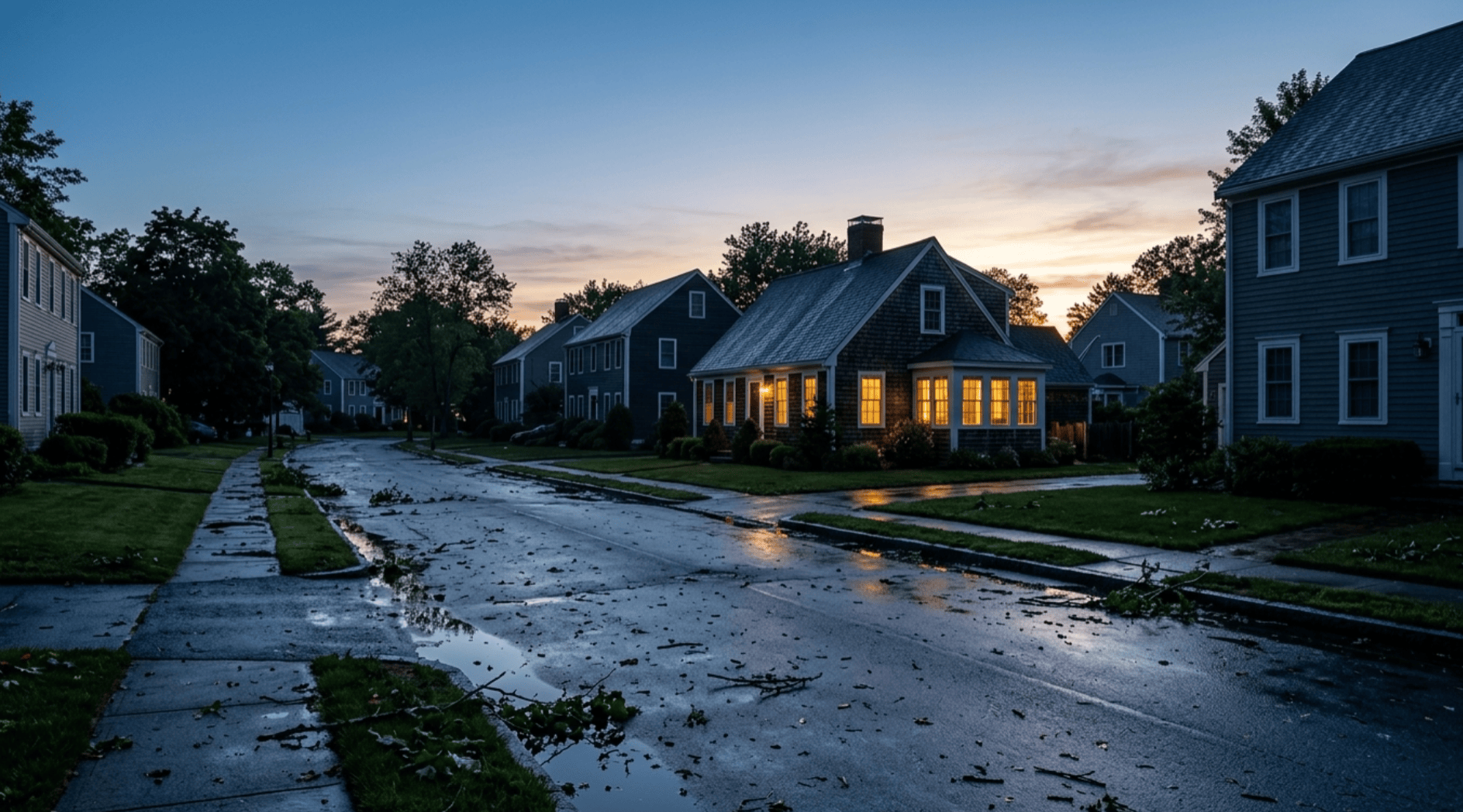 New England neighborhood street at dawn after a storm, one house lit by generator power while neighbors remain dark
