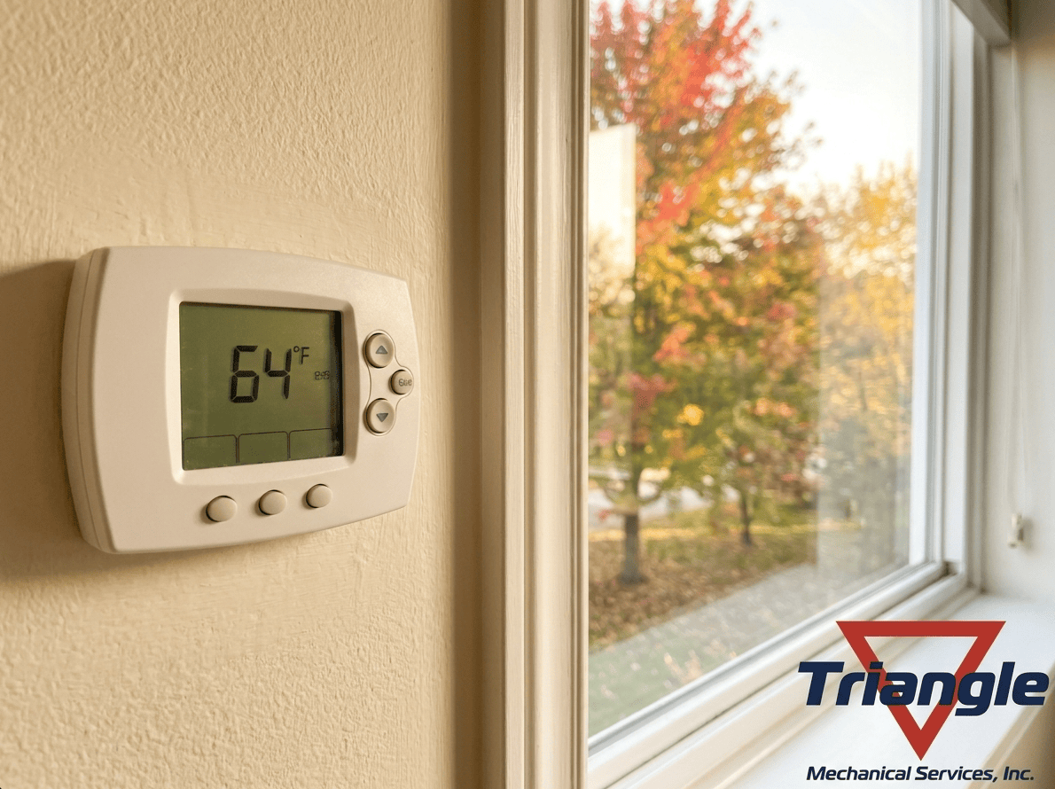 Home thermostat showing a mid-60s temperature with early autumn leaves visible through a window