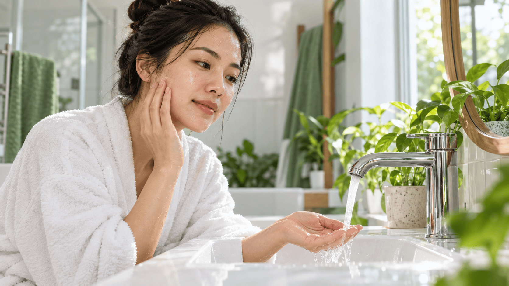 Phụ nữ Việt Nam kiểm tra nhiệt độ nước trước khi rửa mặt để tránh khô rát