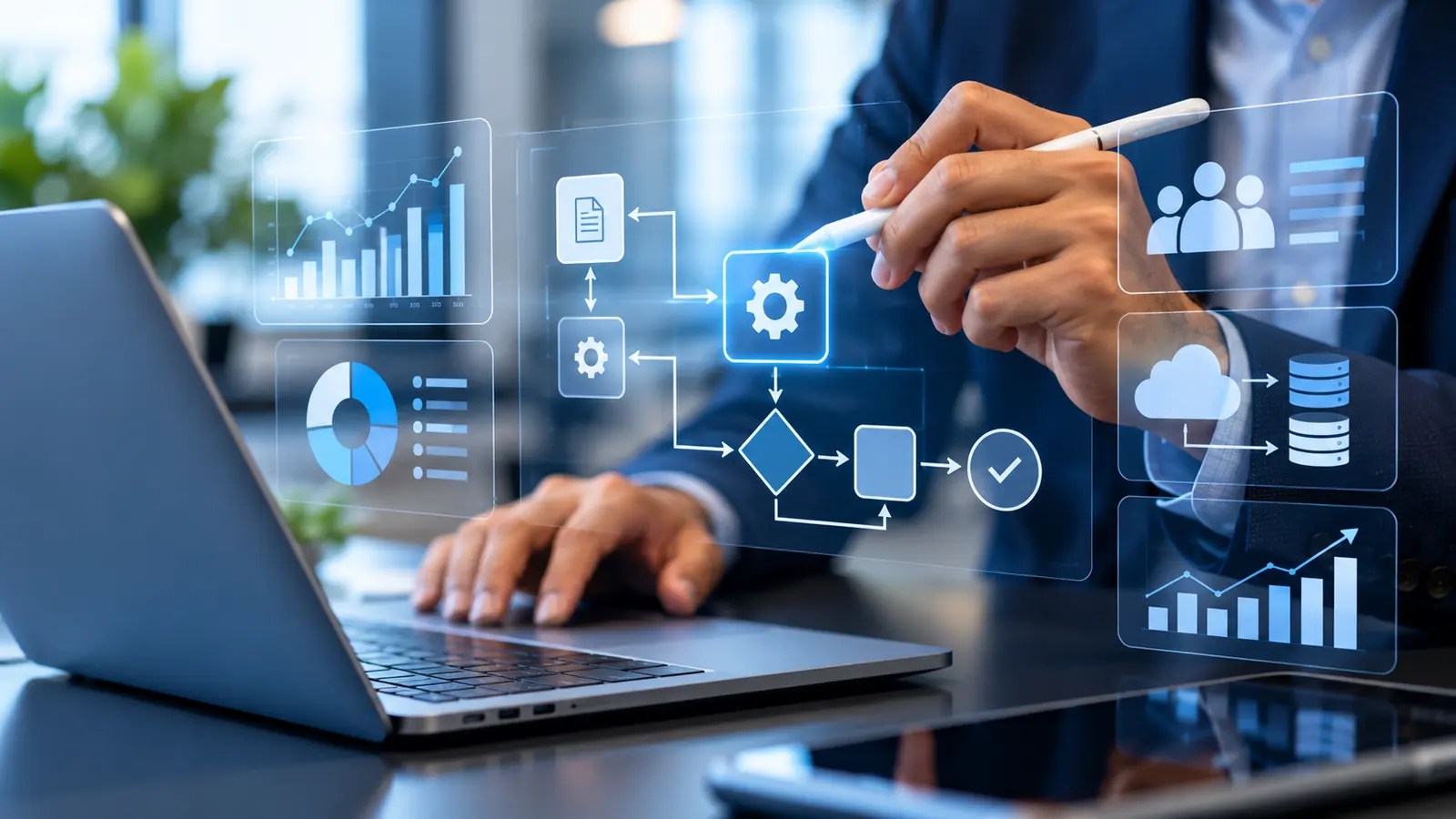 Consultant designing a digital workflow with data, cloud and reporting elements