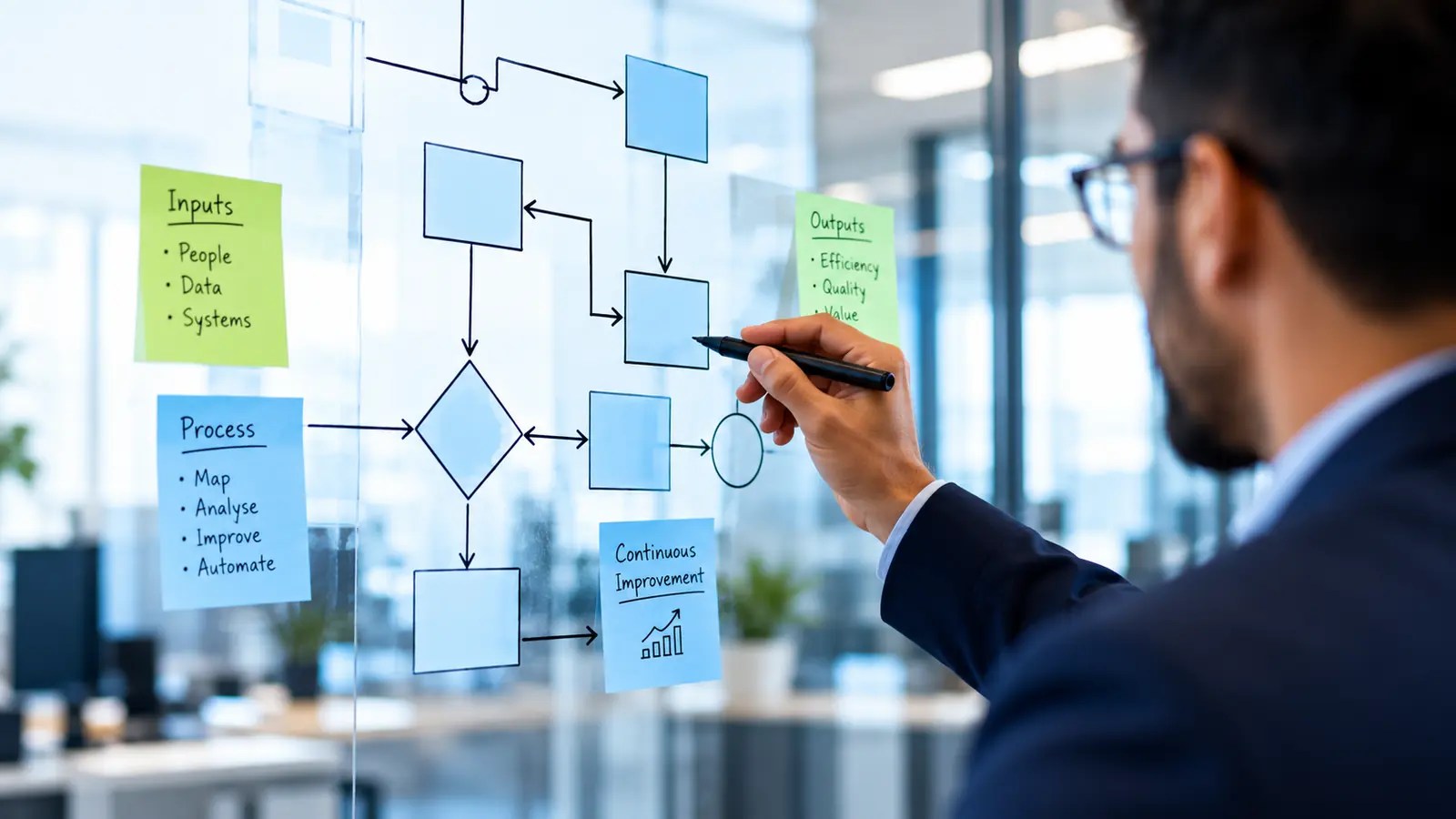 Consultant mapping a business process on a glass board