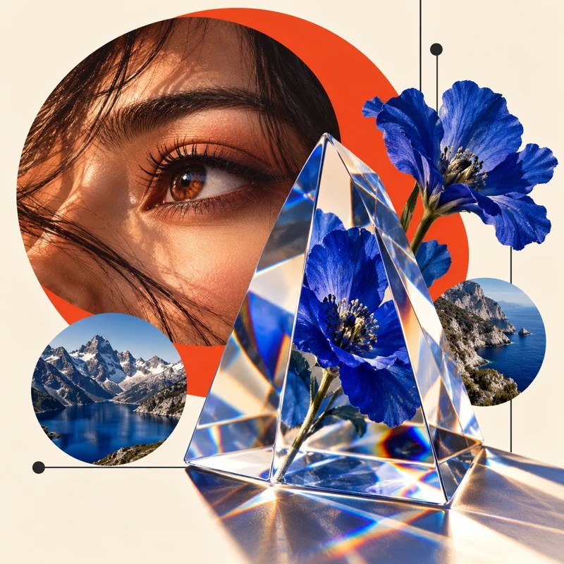 Eye, refracting glass prism, blue flower and landscape collage