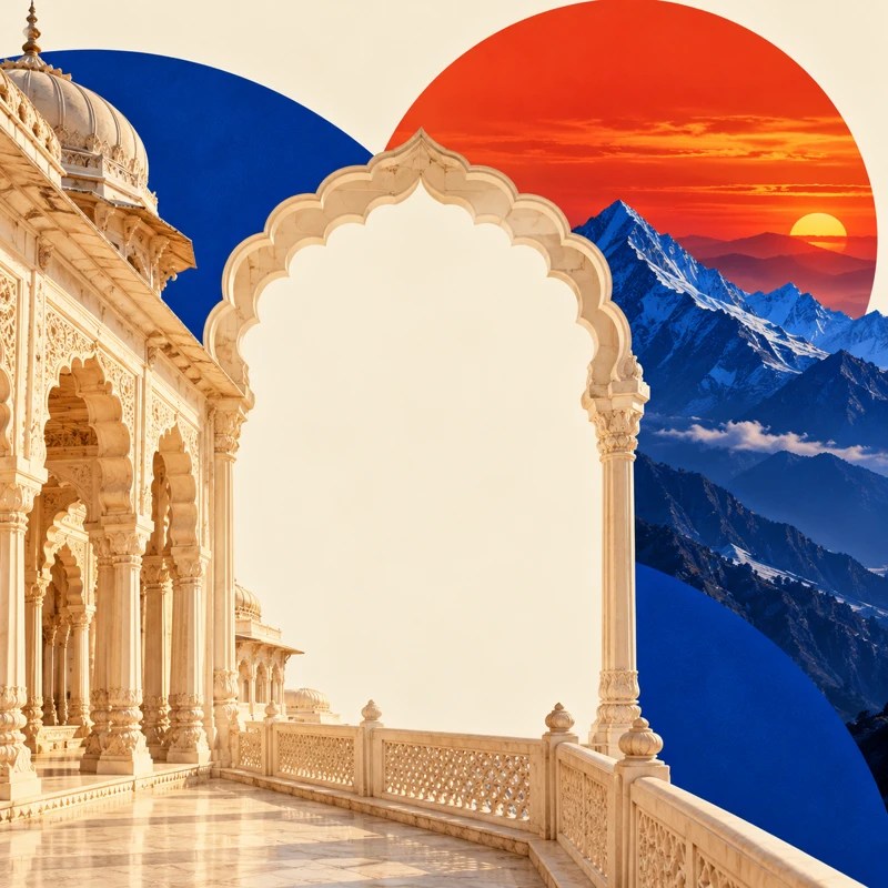 Palace arches, blue mountains and vermilion sunset collage