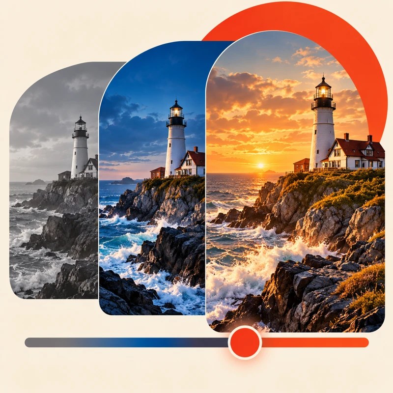 Lighthouse in muted, cool and warm colour treatments