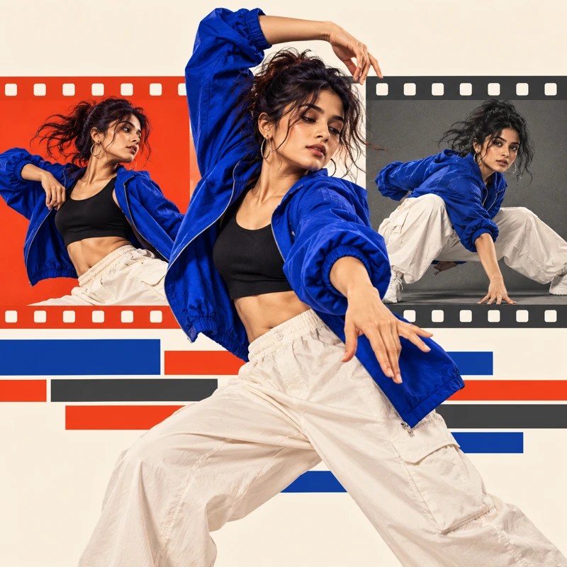 Dancer action collage with filmstrip and rhythm bands
