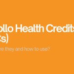 Orange background with bold white text reading "Apollo Health Credits (HCs)" and smaller text below saying "What are they and how to use?"