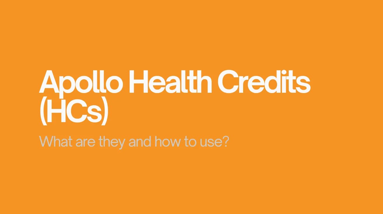 Orange background with bold white text reading "Apollo Health Credits (HCs)" and smaller text below saying "What are they and how to use?"