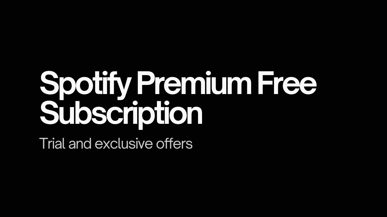 Black background with bold white text reading "Spotify Premium Free Subscription" and smaller text below saying "Trial and exclusive offers."