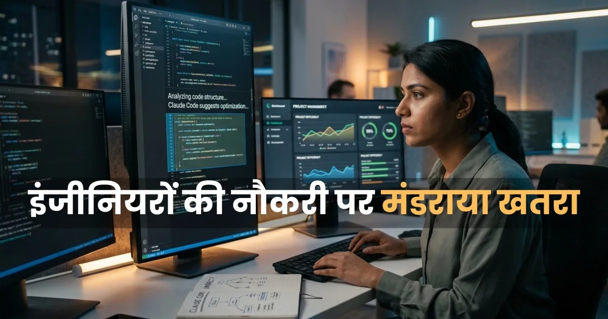 An Indian female software engineer analyzing automated terminal lines on a vertical monitor screen with Hindi text overlay reading 'इंजीनियरों की नौकरी पर मंडराया खतरा' for a Claude Code AI news article.