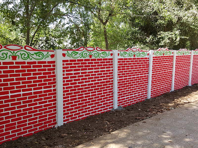 Dark blue walls, white brick walls, fence design, garden design. Designer Boundary Wall Tridev Cement Article