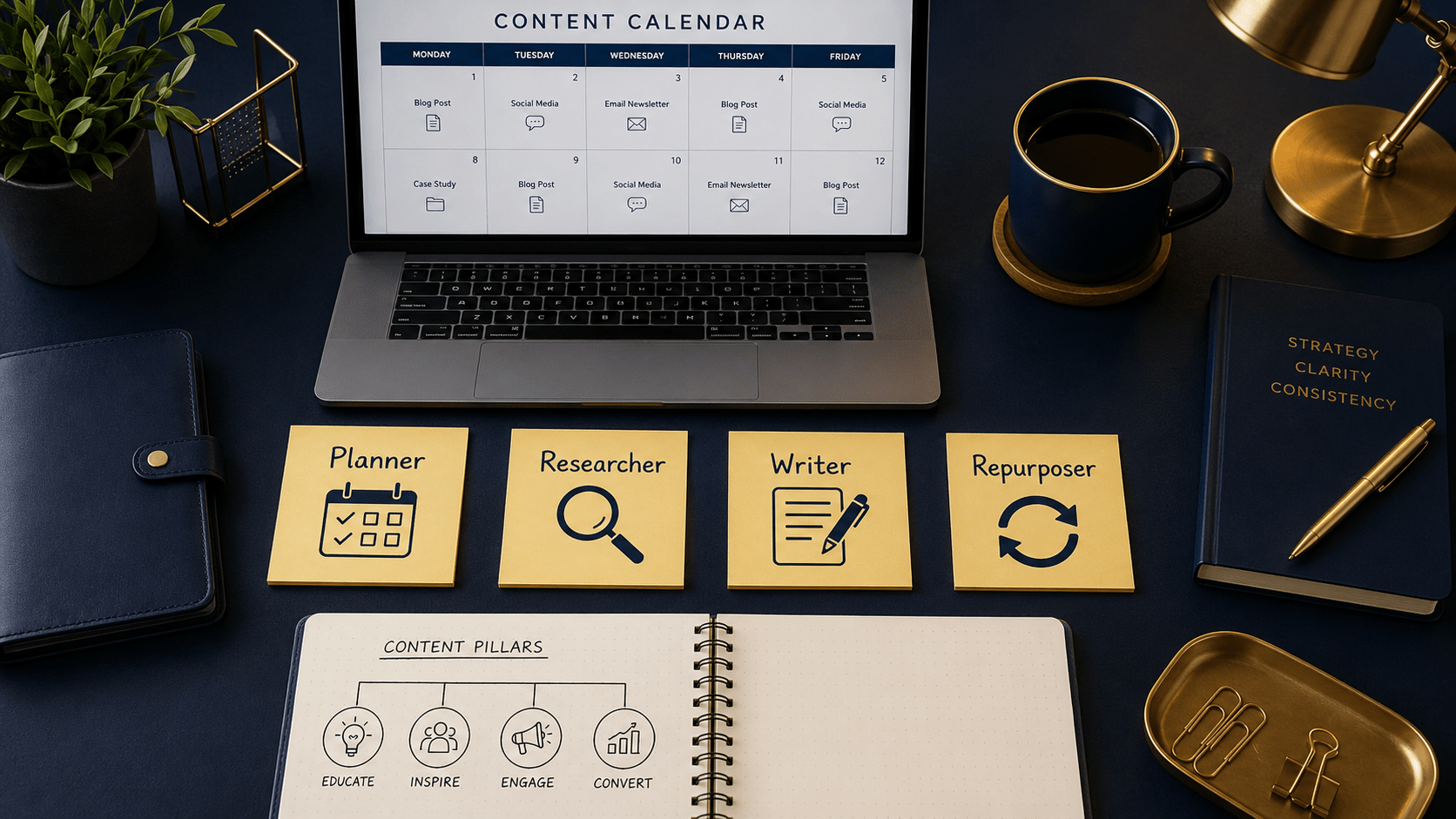 Flat lay of four sticky notes labeled Planner Researcher Writer Repurposer on a navy desk with a laptop showing a content calendar, illustrating how to use AI to create content