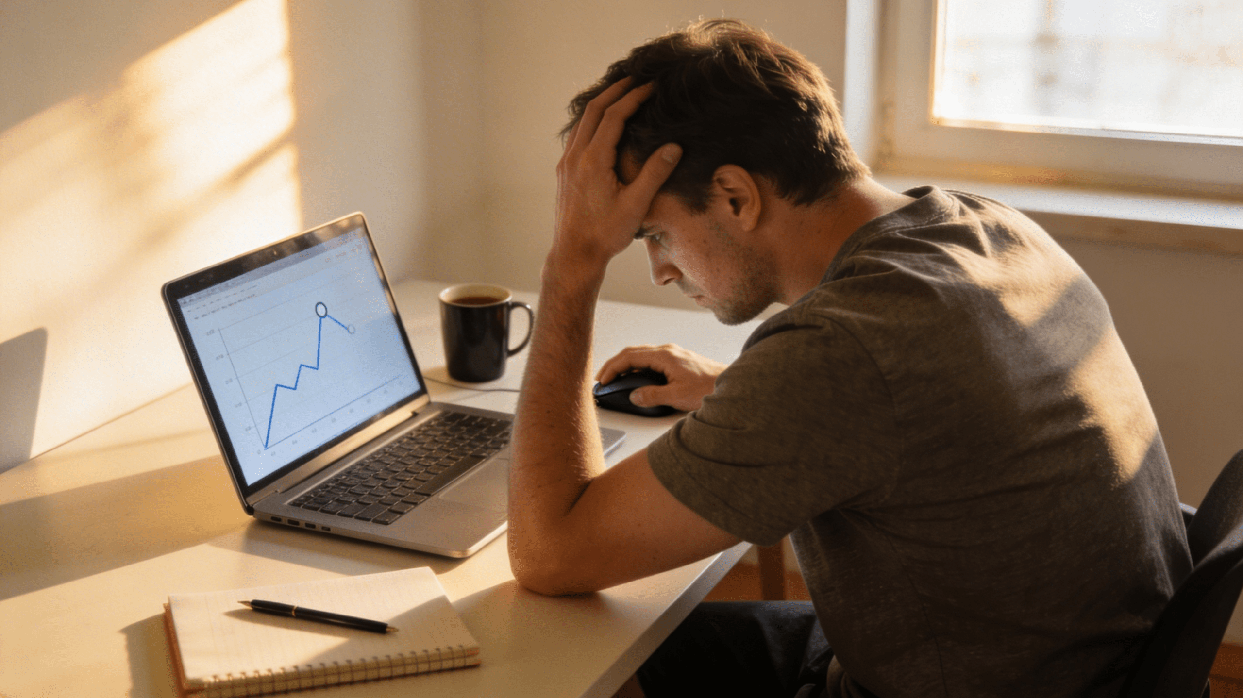 Beginner affiliate marketer looking at a flat traffic graph on a laptop with no visitors to their affiliate blog