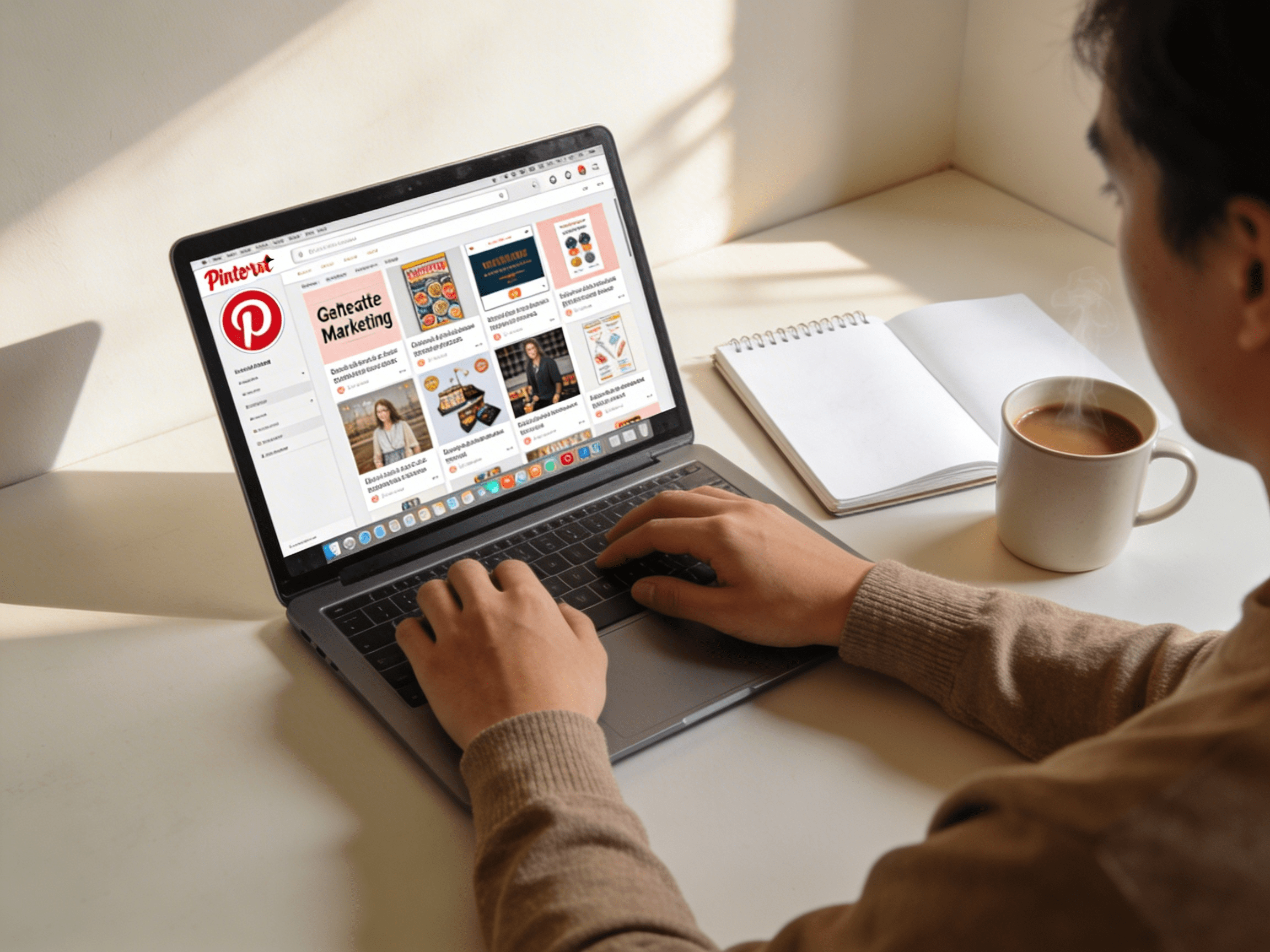 Beginner setting up Pinterest affiliate marketing on a laptop at a clean desk with natural light