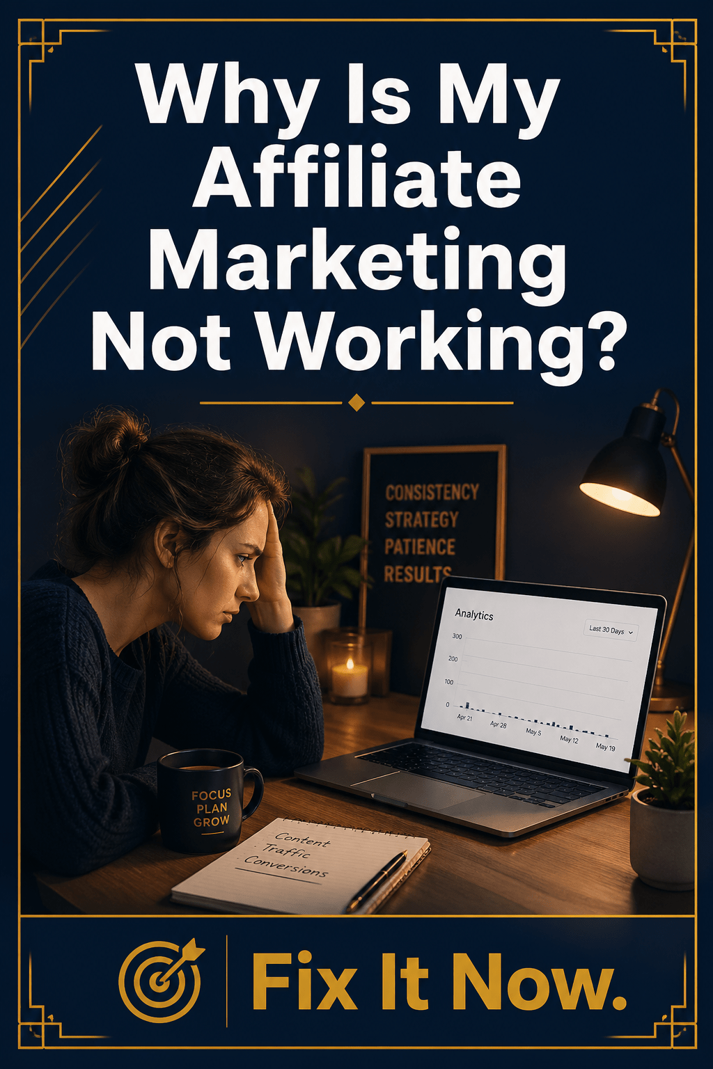 Why is my affiliate marketing not working blog post thumbnail with navy background and gold text on TriggerTrail