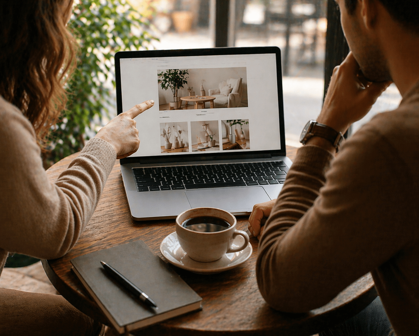 Two people reviewing authentic affiliate content on a laptop over coffee