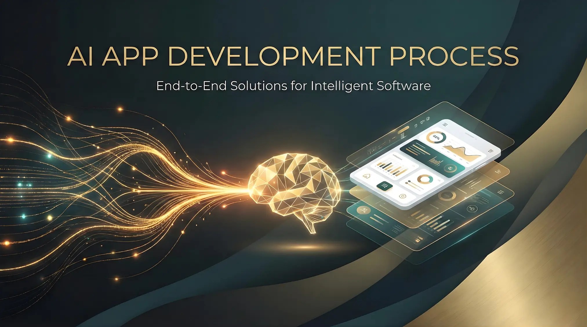 Visual representation of the AI app development process, highlighting data flow, AI intelligence, and application interfaces.