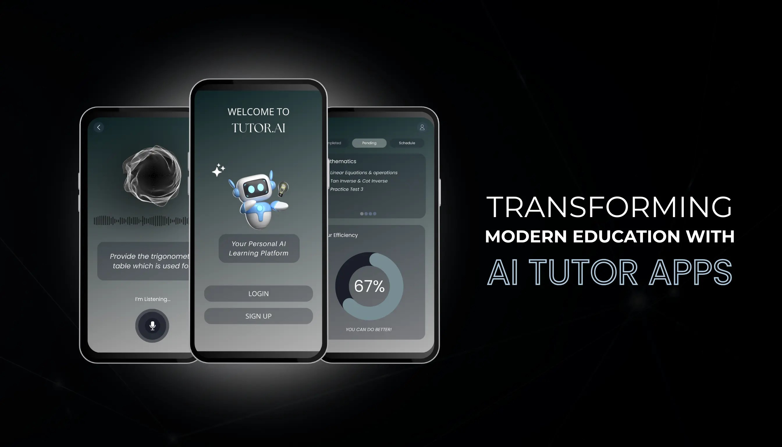 Mobile screens showcasing an AI tutor app interface with the text “Transforming Modern Education with AI Tutor Apps.