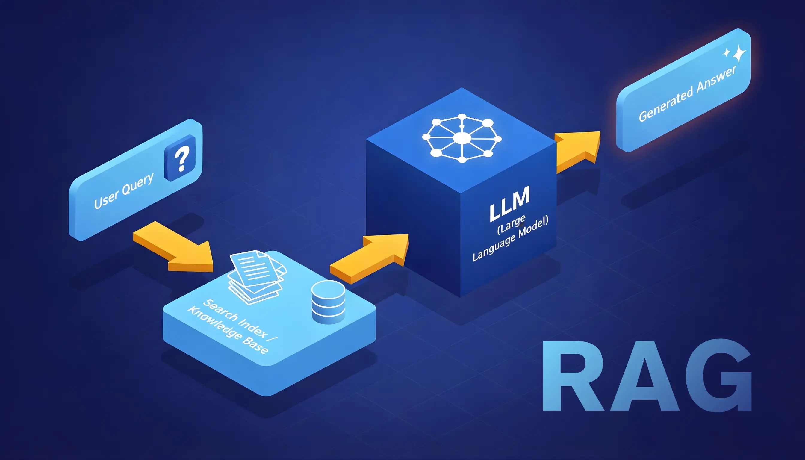 Diagram showing Retrieval Augmented Generation (RAG) workflow where a user query retrieves data from a search index or knowledge base and passes context to a large language model (LLM) to generate an accurate answer
