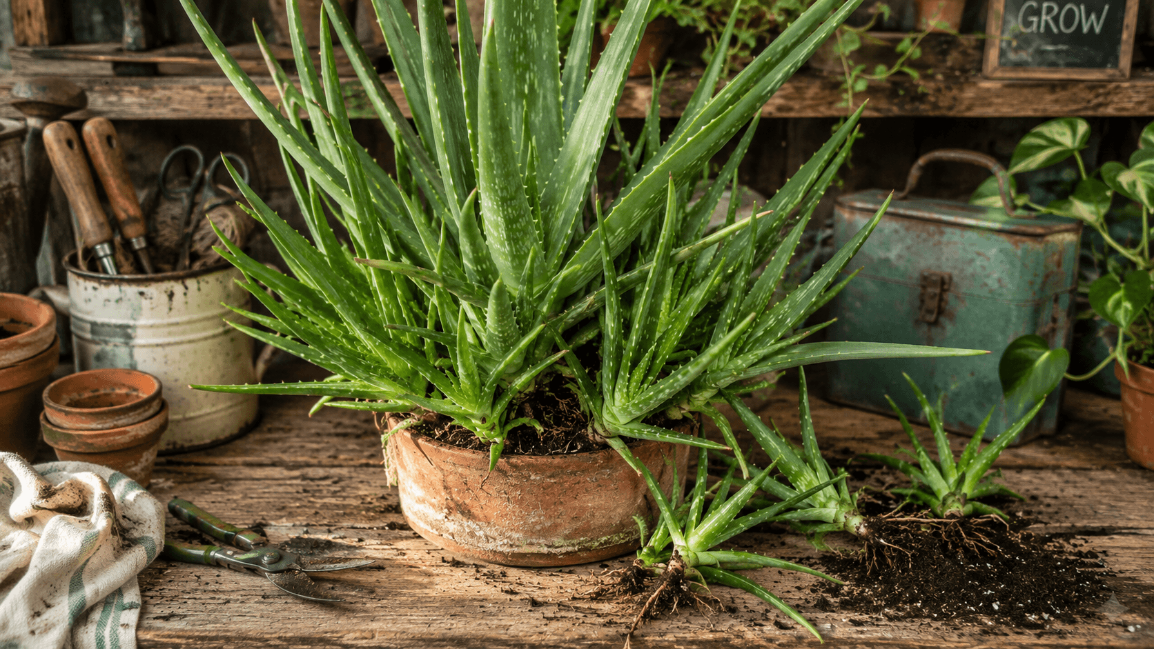 Overgrown Aloe vera plant with numerous pups in a terracotta pot on a rustic potting bench, with separated baby aloe plants, soil and gardening tools nearby.