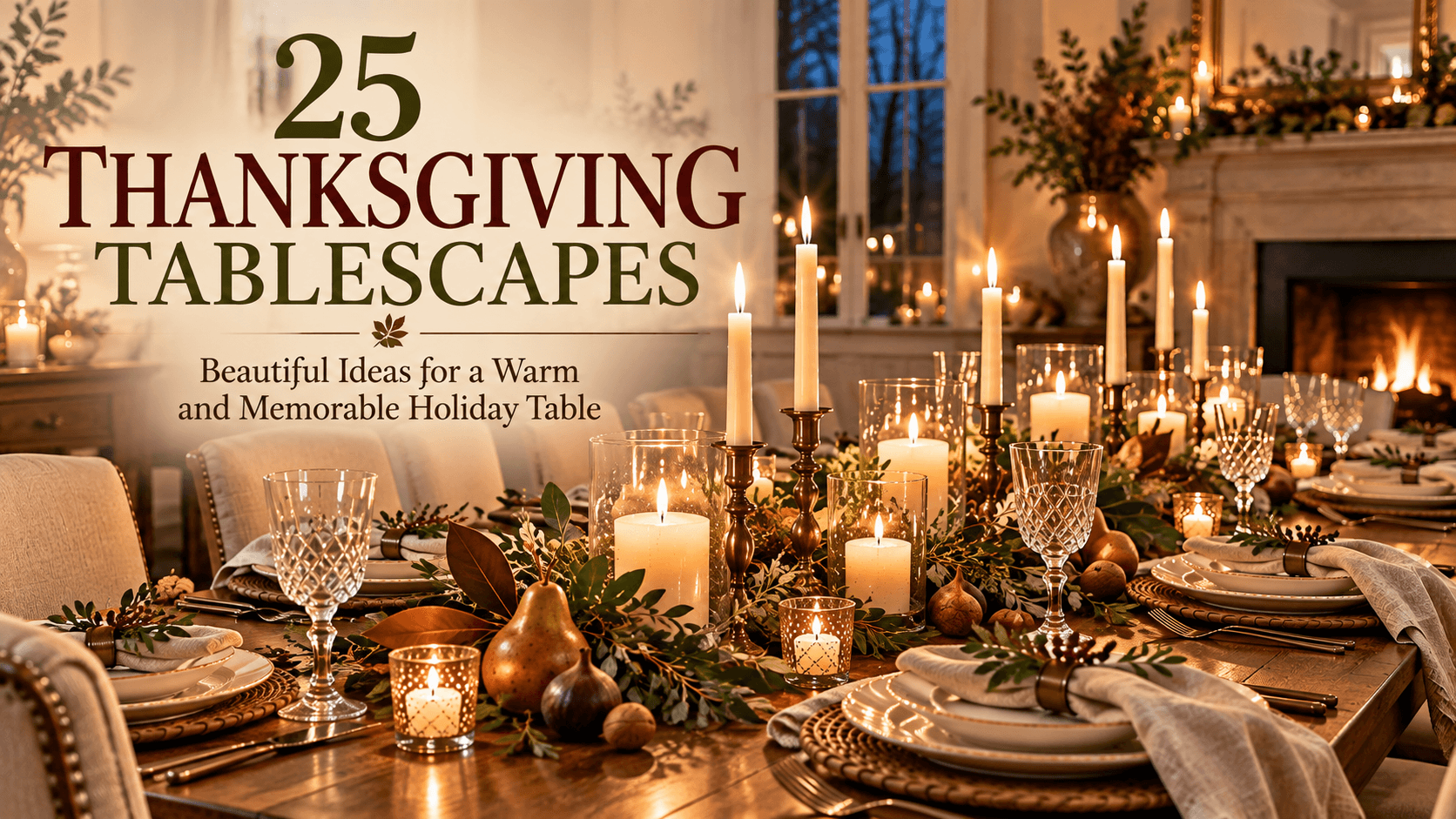 Elegant Thanksgiving tablescape with cream dinnerware, linen napkins, greenery, pears, figs, walnuts, and glowing candles on a warm wood table beside a cozy fireplace.