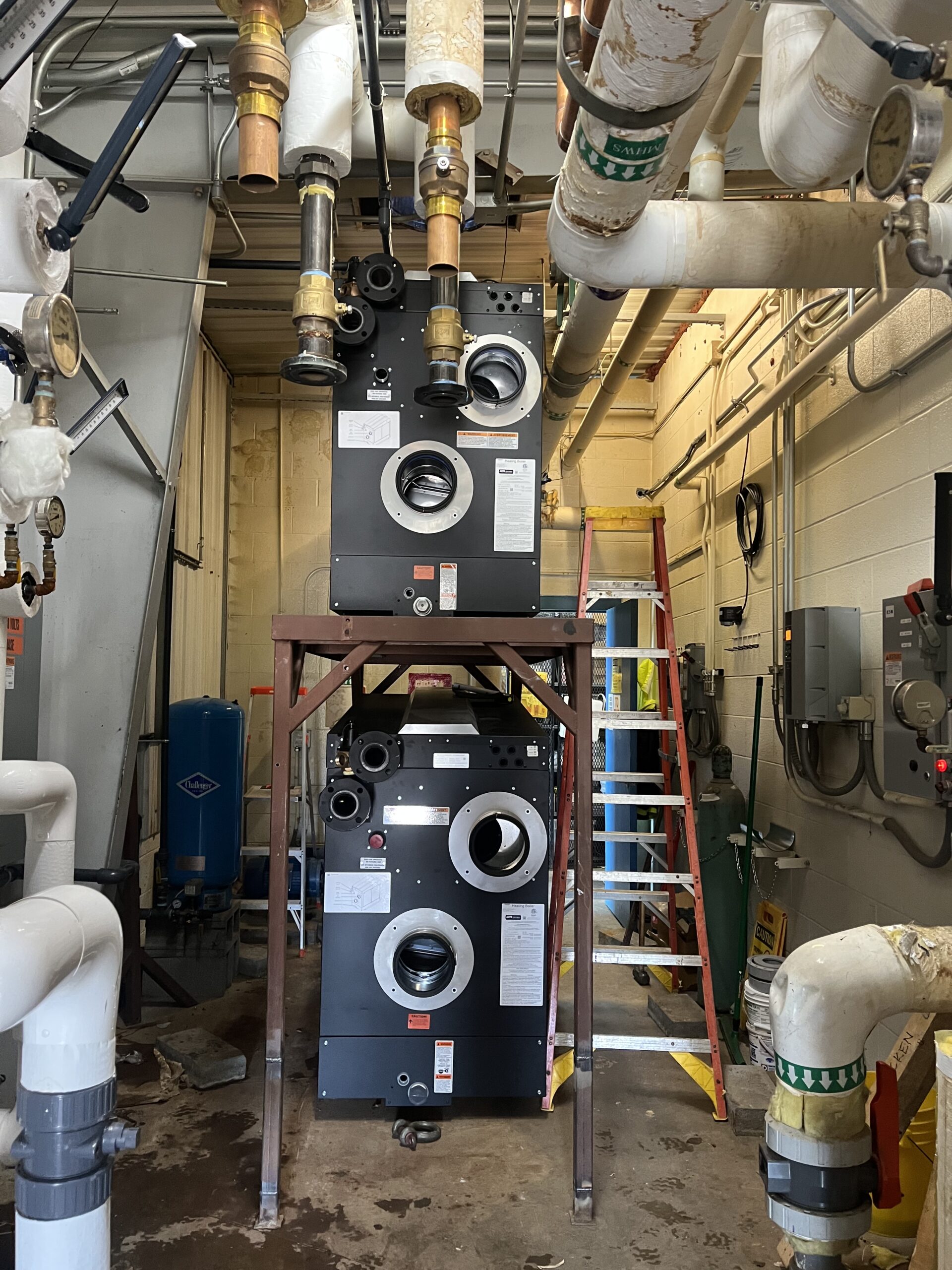Two replacement boilers positioned inside the Aviagen mechanical room