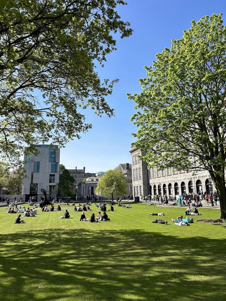 Students sitting on Fellows Square in Trinity College Dublin on a sunny day