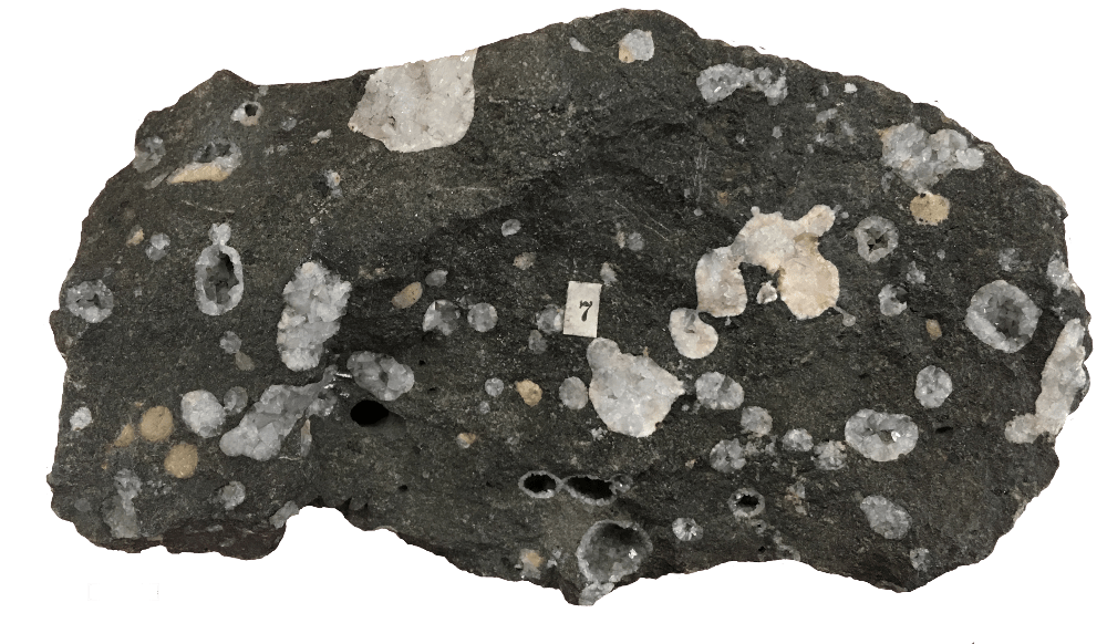Basalt. Once contained gas bubbles now filled with the zeolite mineral Phillipsite.