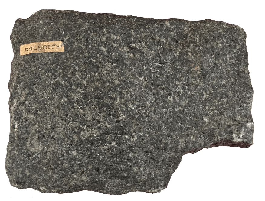 Dolerite. An intermediate igneous plutonic rock often found in minor intrusions and dykes.