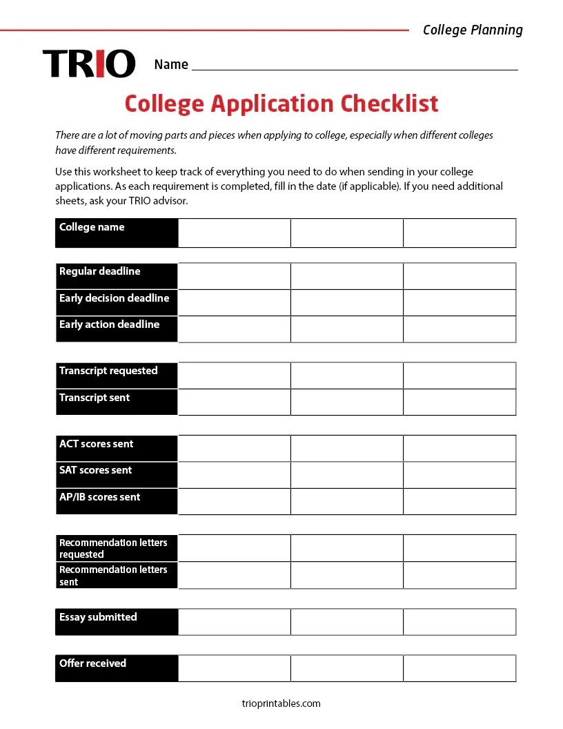 College Application Checklist Activity Sheet Trio Printables