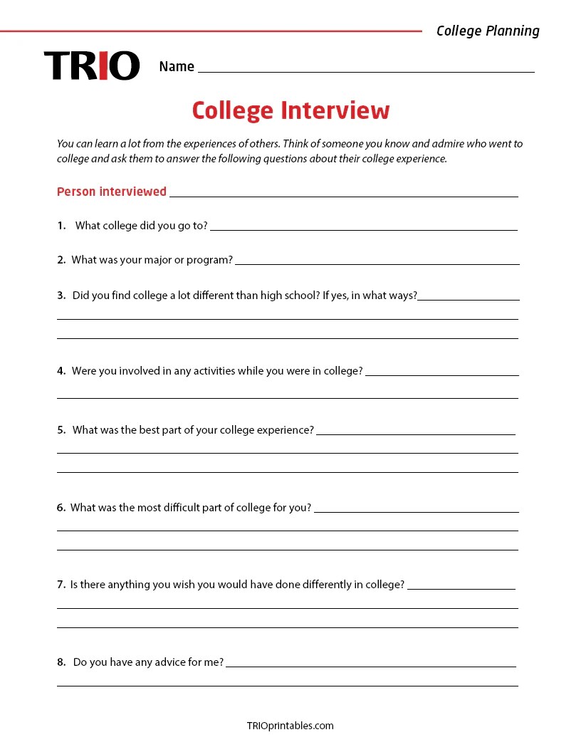 College Interview Activity Sheet Trio Printables