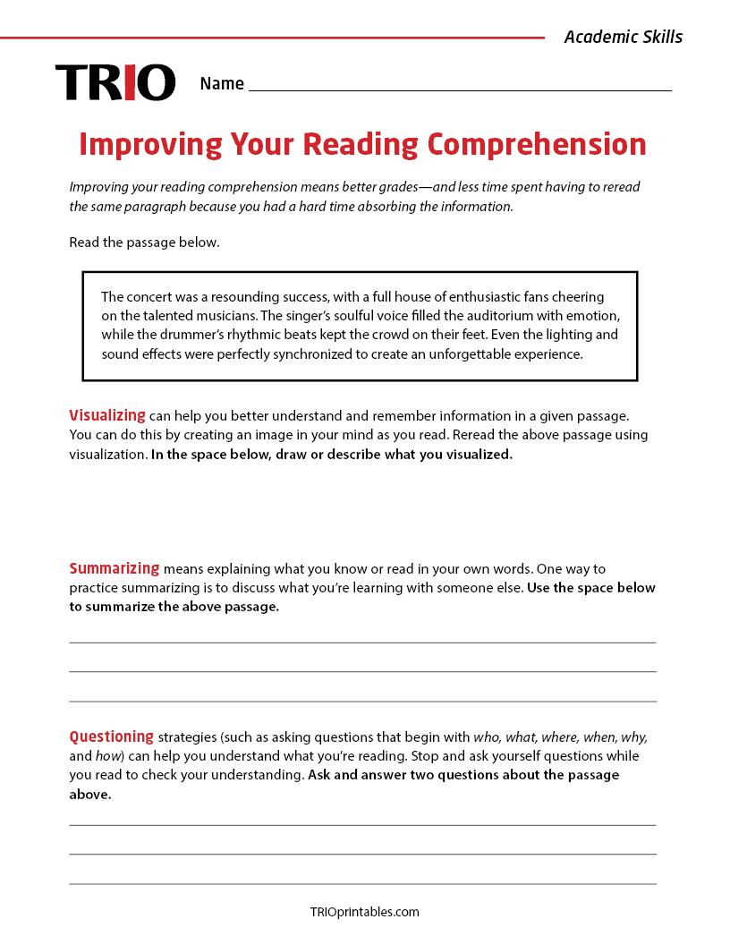Improving Your Reading Comprehension Activity Sheet Trio Printables
